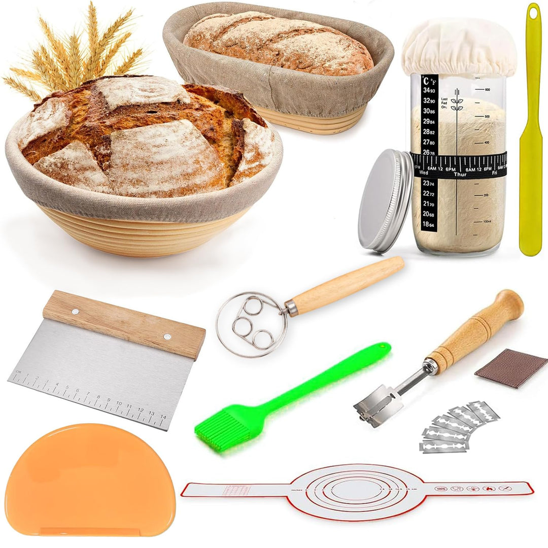 Sauerteig-Starter-Set, runder und ovaler Sauerteig-Gärkorb, 100 % natürliches Rattan, 600 ml Sauerte