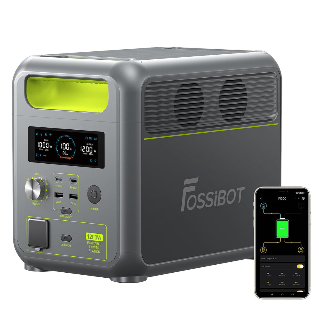 FOSSiBOT Tragbare Powerstation F1200, 1024Wh LiFePO4 Solargenerator mit 2 1200W AC Ausgänge, 100W Ty