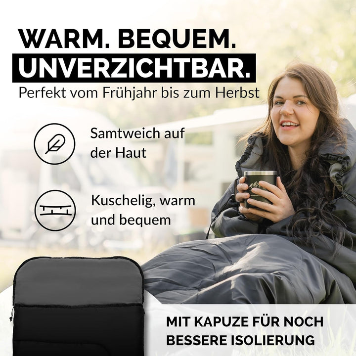 Deckenschlafsack mit Kapuze bis -3°C INKL. Kissen - Outdoor Winter-Schlafsack & Sommer-Schlafsack 3-