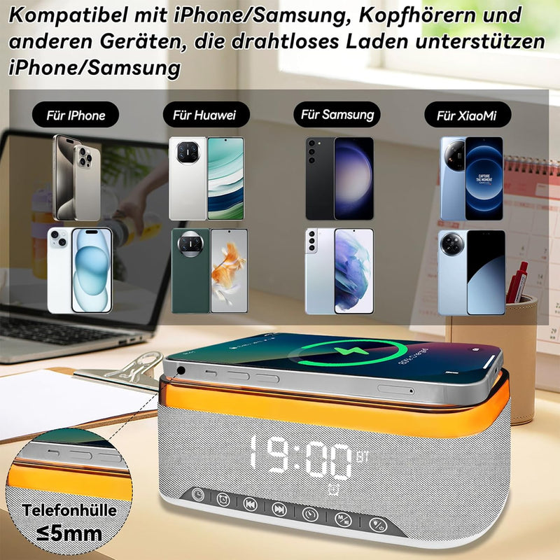 Yeelan Digitaler Radiowecker, Wecker Digital mit Licht, 15W Kabellose Aufladung für iPhone/Samsung,