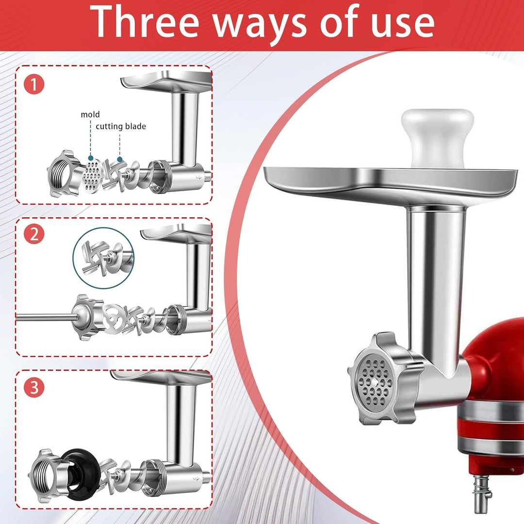 Fleischwolf Aufsatz, Kitchen Aid Zubehör aus Edelstahl mit 4 Mahlscheiben 3 Wurstfüllrohre 3 Klingen