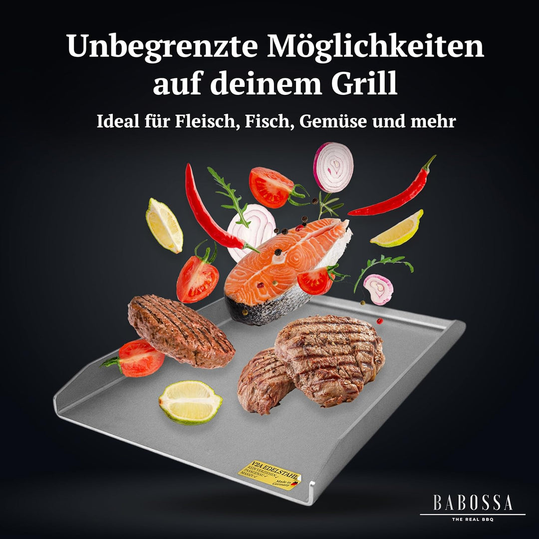 BABOSSA Grill Plancha aus V2A Edelstahl – Erstklassige Verarbeitung & perfekte Hitzeverteilung – kom