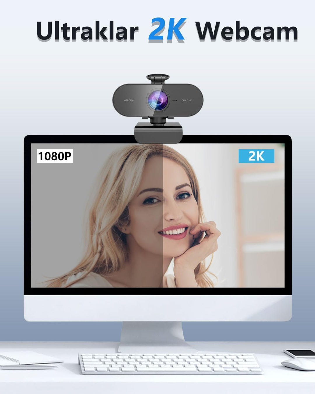 DDKJ Webcam Full HD, 2K Webcam mit Mikrofon, Streaming Kamera Unterstützt 360° horizontale Drehung,