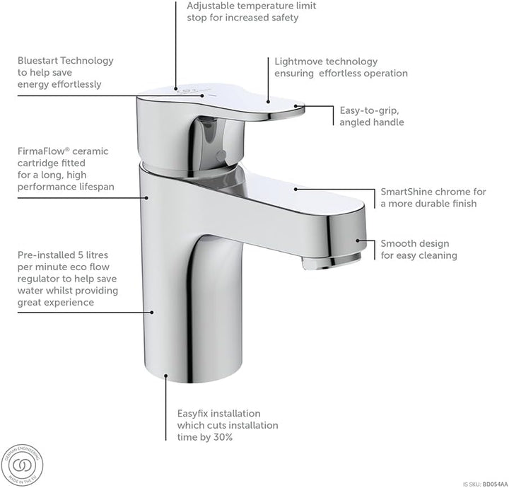 Ideal Standard Cerabase Waschtischarmatur, Auslaufhöhe 84 mm, wassersparender Wasserhahn Badezimmer,