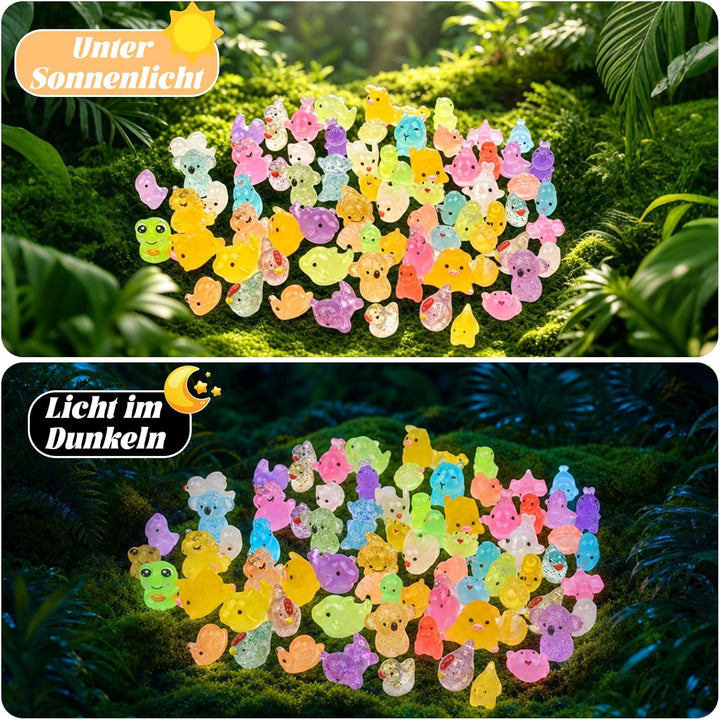 100 Stück Mini Harz Tiere, Miniatur Figuren Leuchtende Bunte Kleine Tierfiguren Kaninchen Enten Hai