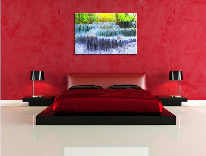 Pixxprint Wasserfall im Regenwald / 100x70cm Leinwandbild bespannt auf Holzrahmen/Wandbild Kunstdruc
