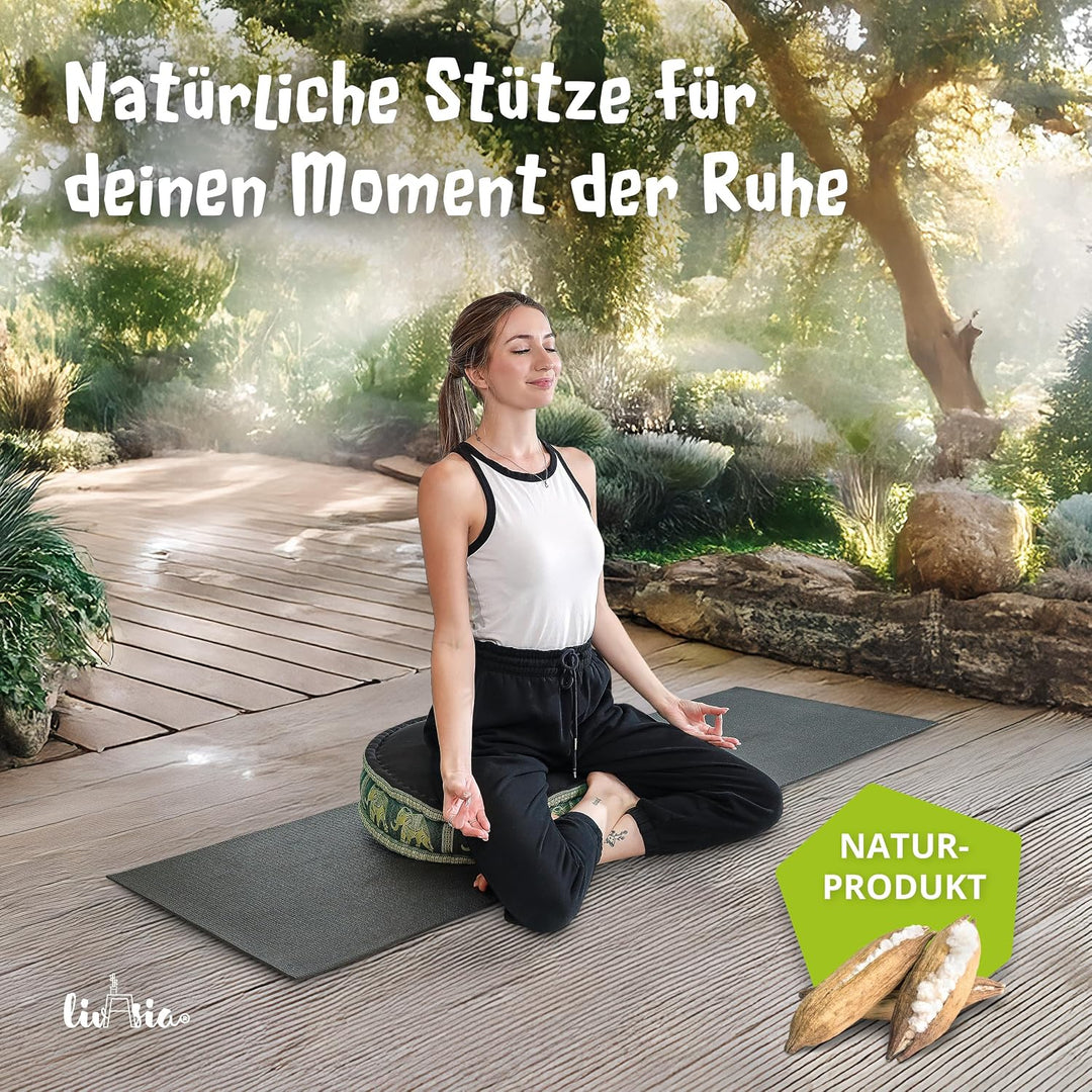 livasia Meditationskissen mit Thaiseide - Ø 45x15cm - Yogakissen mit Kapok, Pouf, Bodenkissen für Yo
