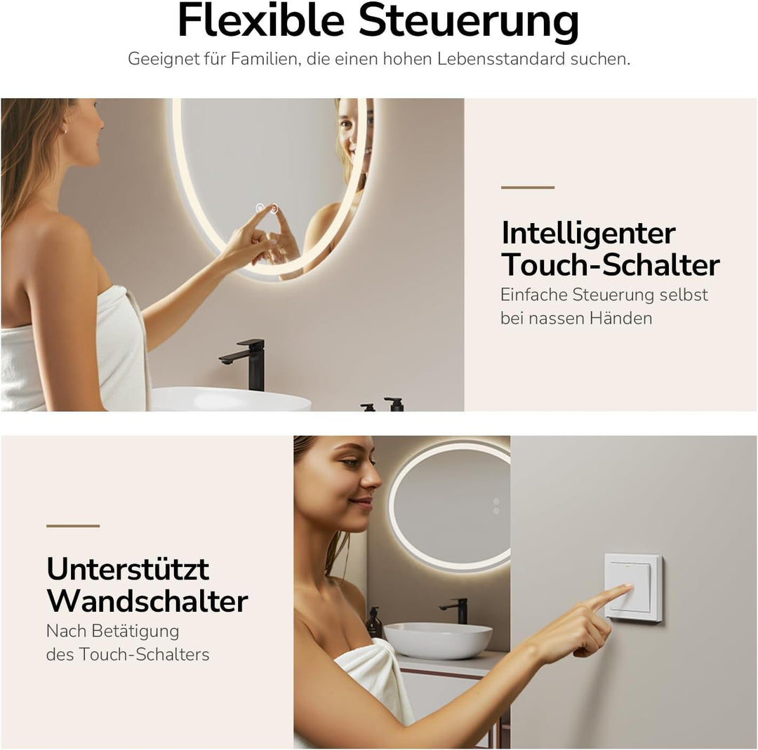 EMKE Badspiegel mit Beleuchtung 60x80cm Led Spiegel Oval mit 3 Lichtfarbe dimmbar, Antibeschlag, Spe