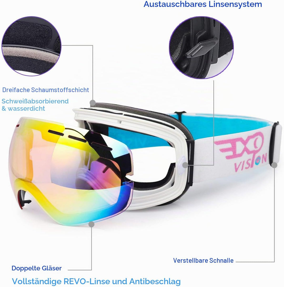 EXP VISION Snowboard Skibrille für Herren Damen Jugend, 100% UV400 Schutz Anti Beschlag über der Bri