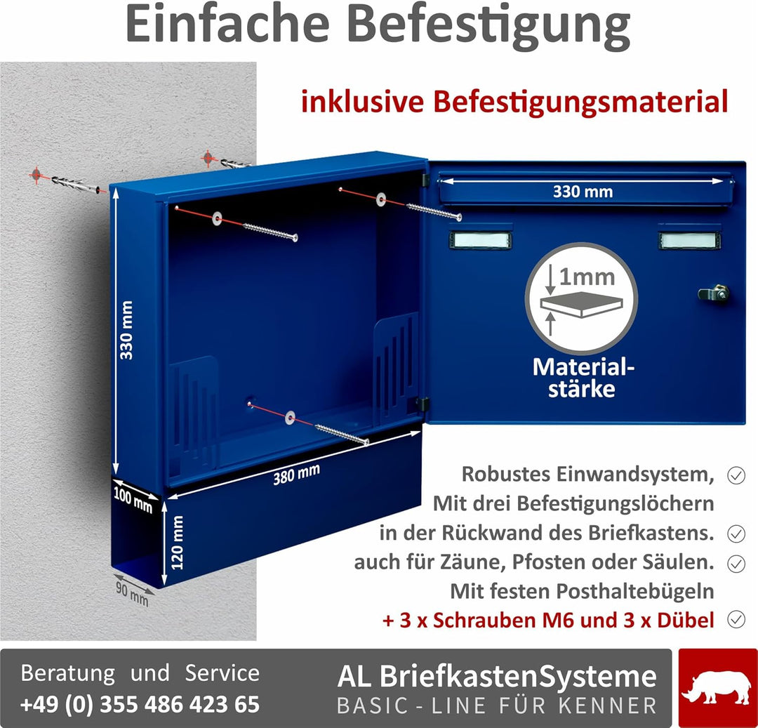 AL Briefkasten Systeme Basic 1er Briefkasten mit Zeitungsfach in RAL 5010 Enzianblau 1 Fach DIN A4 P