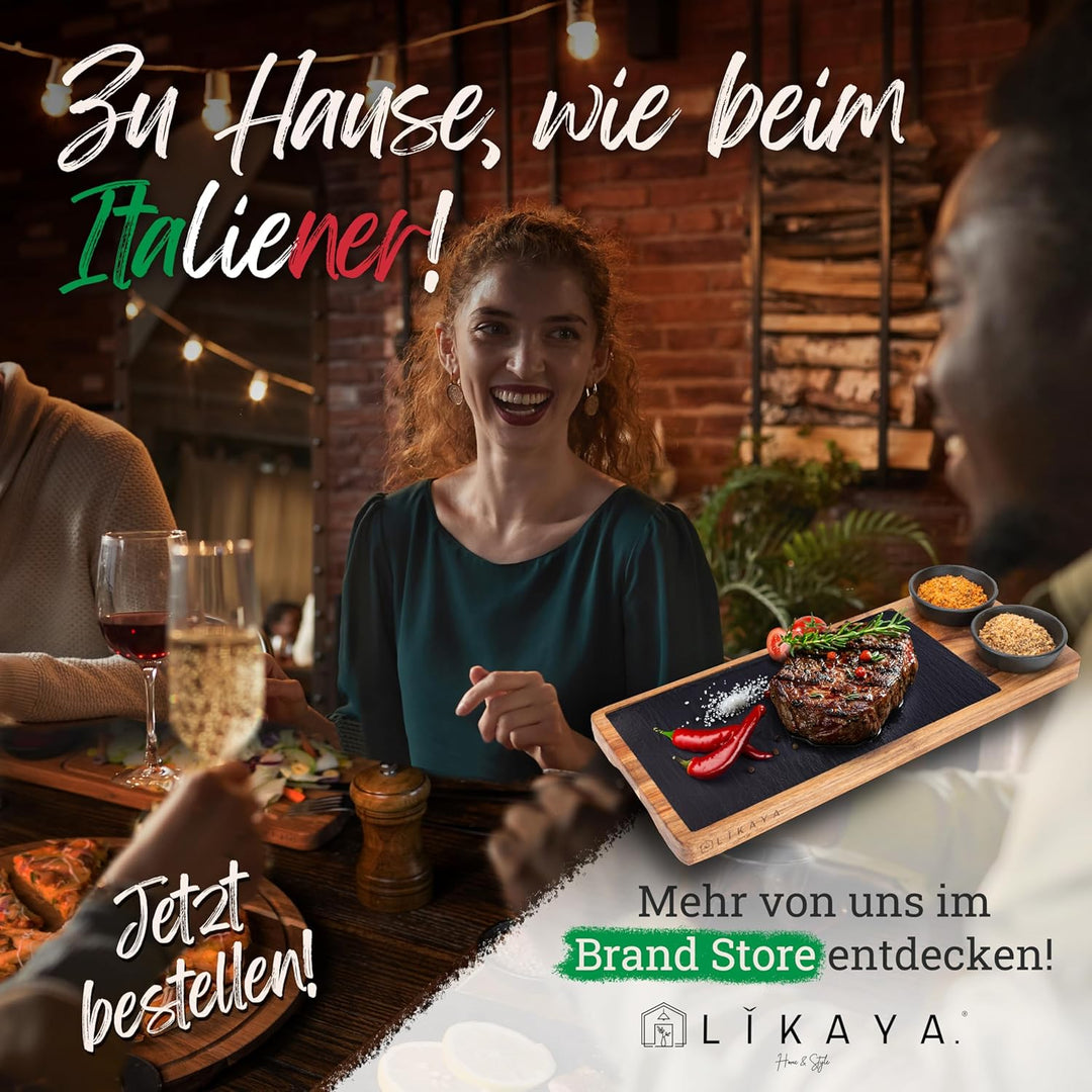 LIKAYA® Pizzabrett/Pizzateller 'MARIO' 2er Set rund mit Pizzaschneider [⌀35cm gross] aus FSC®-zertif