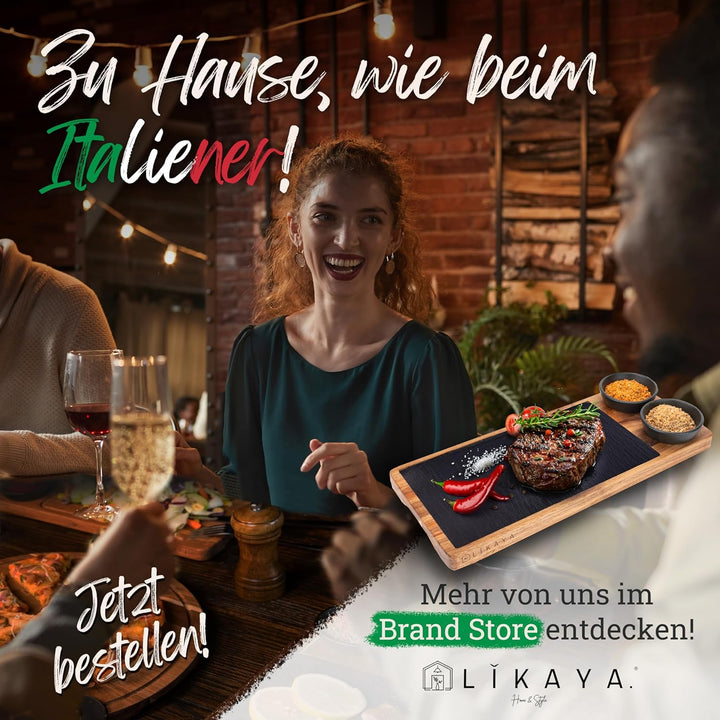 LIKAYA® Pizzabrett/Pizzateller 'MARIO' 2er Set rund mit Pizzaschneider [⌀35cm gross] aus FSC®-zertif