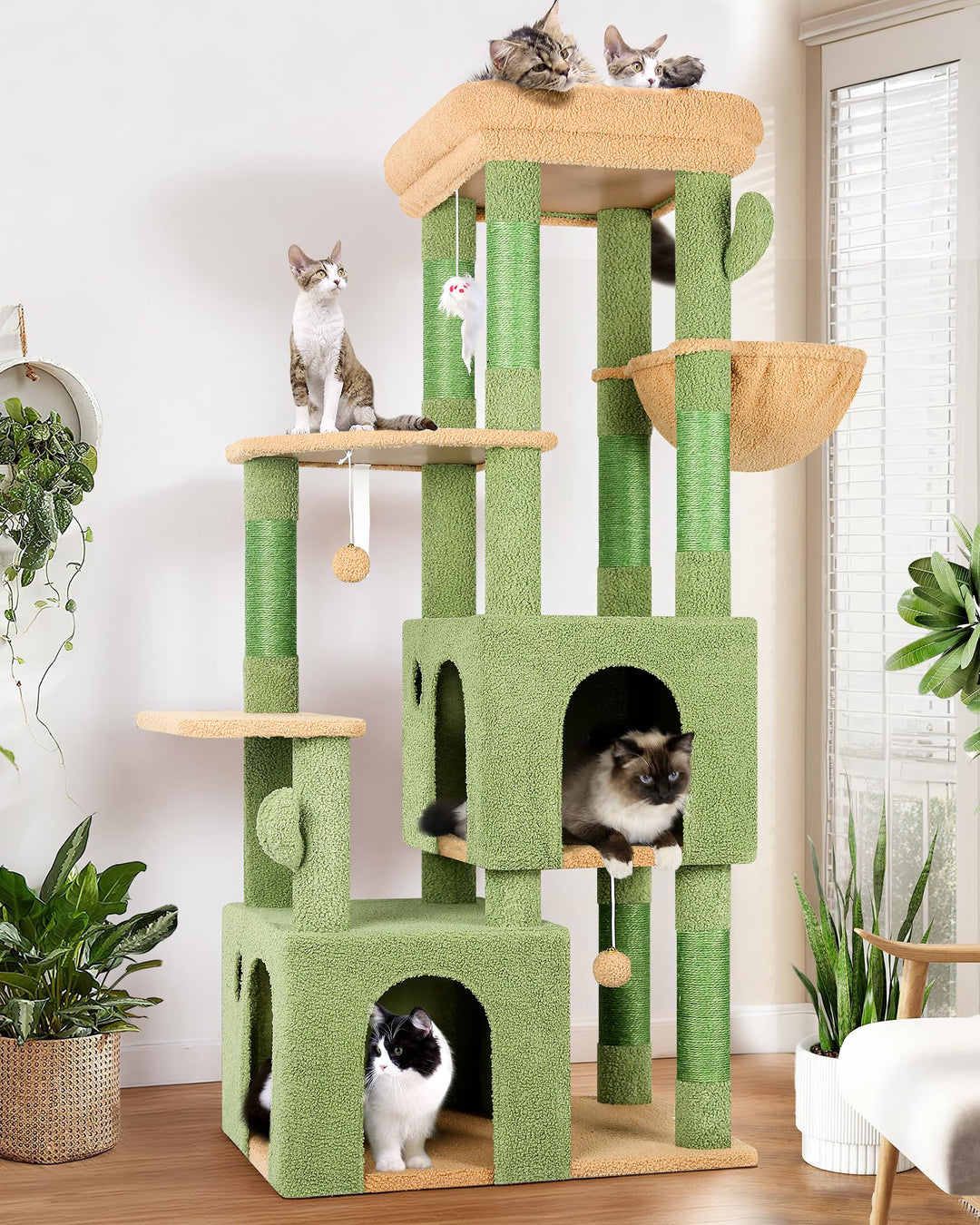 Globlazer Kratzbaum Grün Kaktus für 3-5 Grosse Katzen 156 cm mit 2 Extragross Katzenhaus 45 * 40 * 3