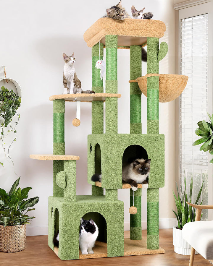 Globlazer Kratzbaum Grün Kaktus für 3-5 Grosse Katzen 156 cm mit 2 Extragross Katzenhaus 45 * 40 * 3