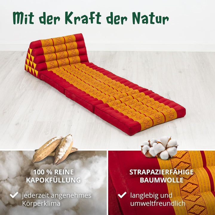 livasia Thaikissen 3 Auflagen extrahoch - 185x55x8cm - Dreieckskissen mit Klappmatratze, Kapok, Jumb