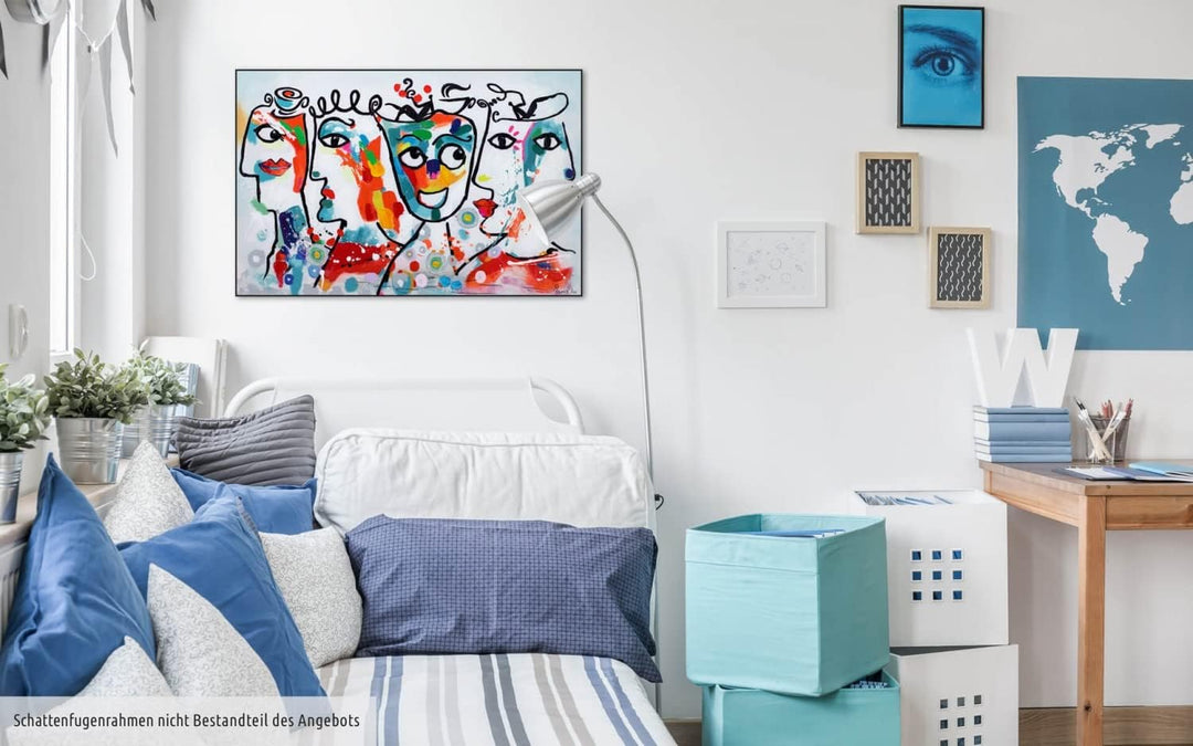 KunstLoft Leinwandbild | 100% HANDGEMALT | 90x60cm | Gemälde 'Kosmopoliten' | Gesicht | Bunt | Wandb