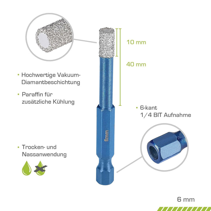 Profi Fliesenbohrer 6mm BIT Adapter - Diamantbohrer für Feinsteinzeug, harte Fliesen uvm. Diamantboh