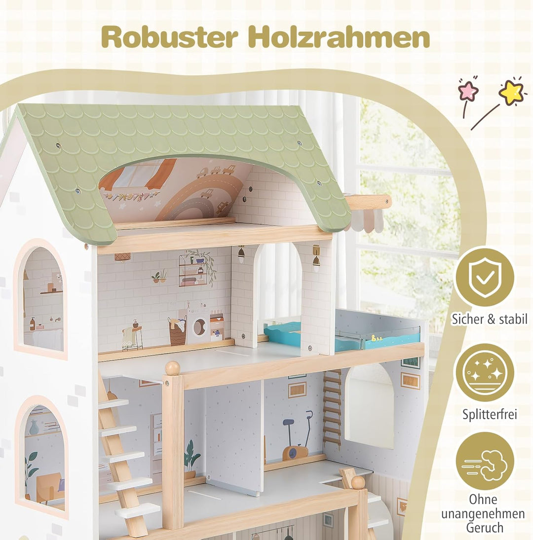 COSTWAY Puppenhaus Holz, Kinder Dollhouse mit 33 Möbelstücken, Puppenstube mit Balkon & Pool, Puppen