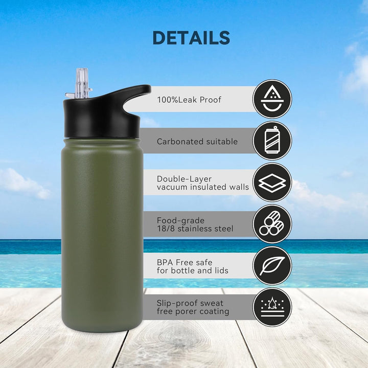 Edelstahl Trinkflasche - 500ml - mit Strohhalm,Auslaufsicher,Kohlensäure Geeignet,BPA frei Thermosfl