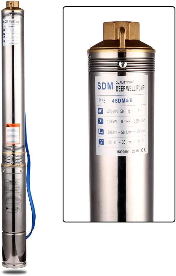 ZYIY 0,5Hp Tiefbrunnenpumpe 4Zoll Edelstahl-Tauchtiefbrunnenpumpe Max Durchfluss 6,8m³/h Förderhöhe