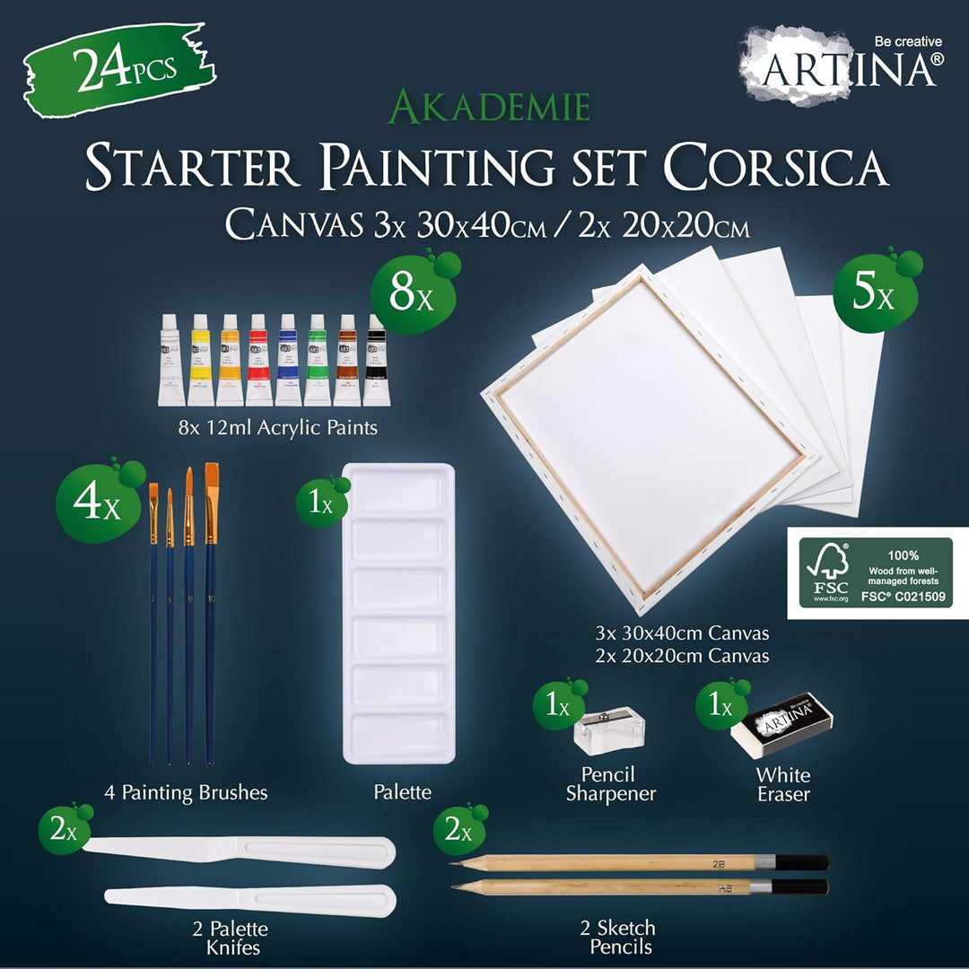 Artina 24tlg Acrylfarben Set Corsica – Malset Acryl mit Keilrahmen 30x40cm &amp; 20x20cm, 8X 12ml Acrylf