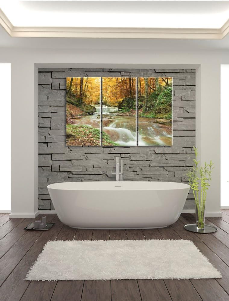 Pixxprint Waldbach im Herbst als Leinwandbild/Grösse: 3 Teilig (120x80) cm/Wandbild/Kunstdruck/ferti