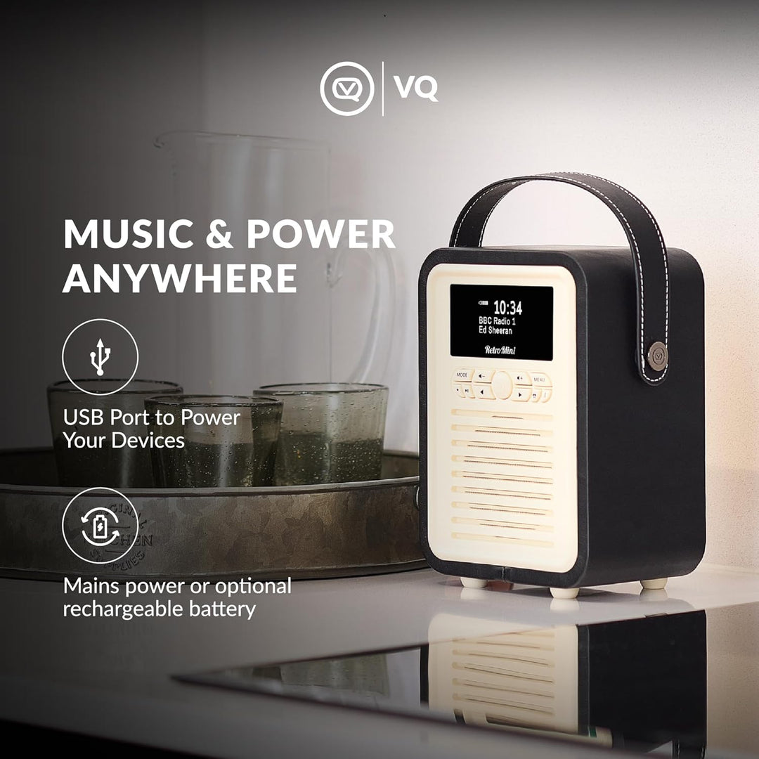 VQ Retro Mini Tragbares Radio mit Bluetooth-Lautsprecher und 60 Voreinstellungen. Enthält ein DAB-Ra