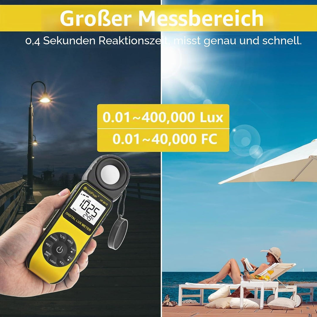 HoldPeak 881D Digitales Lichtmessgerät, Reichweite bis zu 0.01–400.000 Lux (1–40.000 FC), Datenspeic