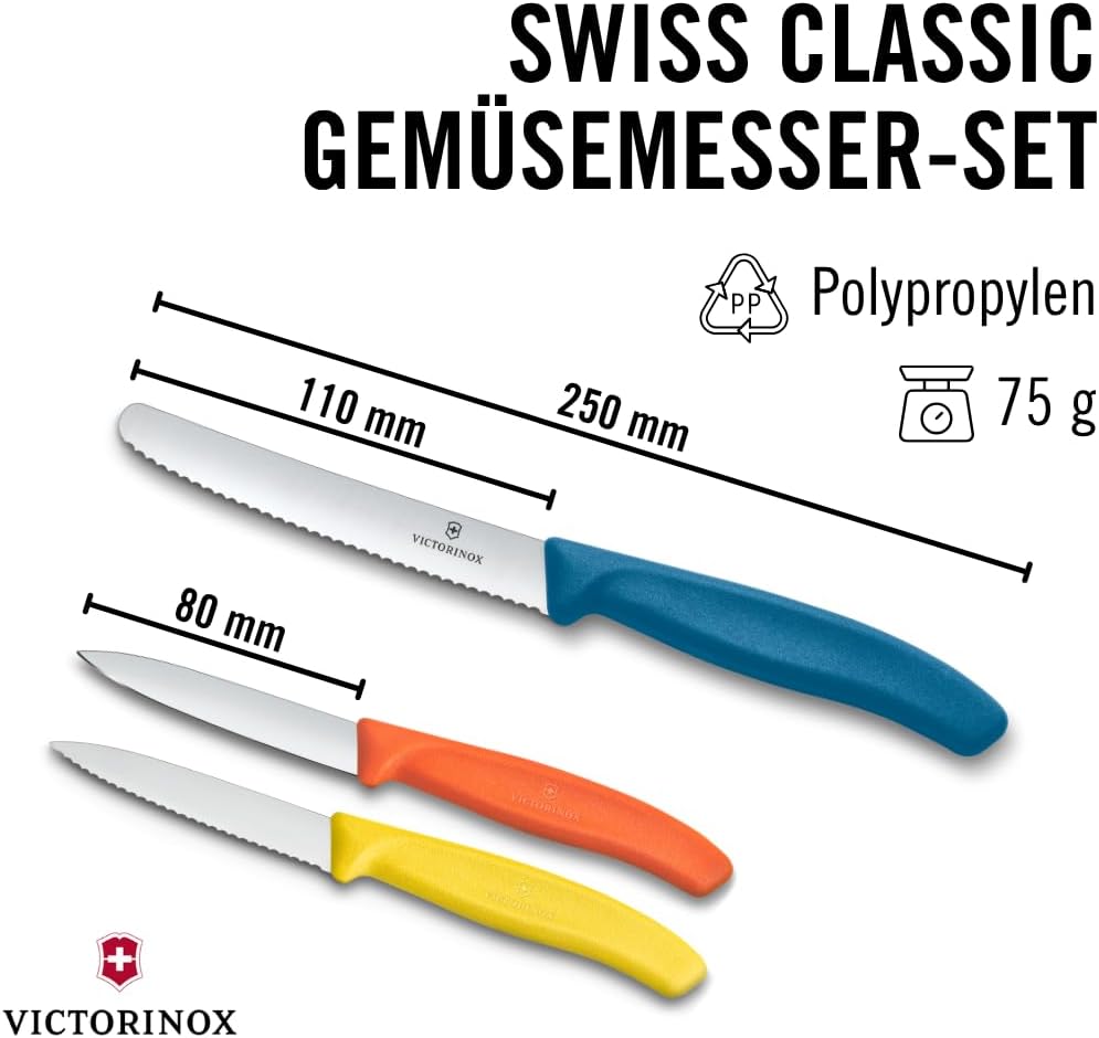 Victorinox Swiss Classic Küchenmesser Set, 3teilig, Gemüse-, Tomaten- und Frühstücksmesser, Scharfe