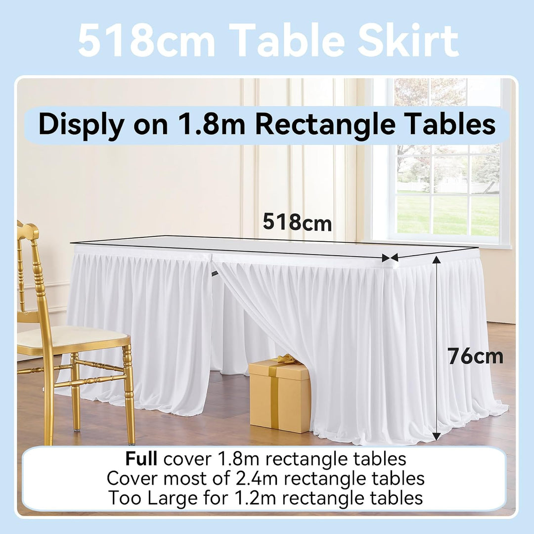 518cm White Polyester Table Skirts for Rectangle Tables, Wrinkle Free Ruffle Pleats Cloth Tutu Table