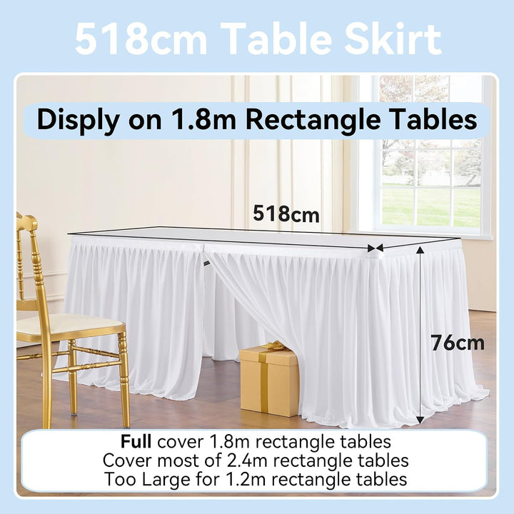 518cm White Polyester Table Skirts for Rectangle Tables, Wrinkle Free Ruffle Pleats Cloth Tutu Table