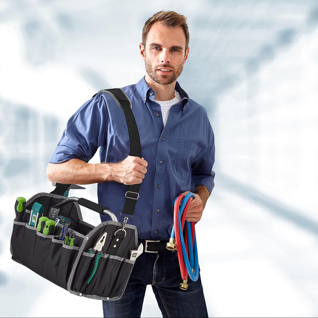 Relaxdays Werkzeugtasche, leer, Schultergurt & Tragegriff, offene Tragetasche für Werkzeug, HBT 30 x