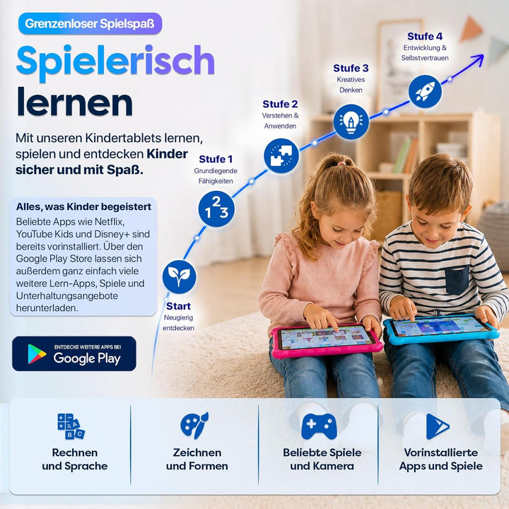 AngelTech Kindertablet XL - 10 Zoll HD - 3 + 4 GB RAM - 32 + 64 GB ROM (Blau) blu, blu