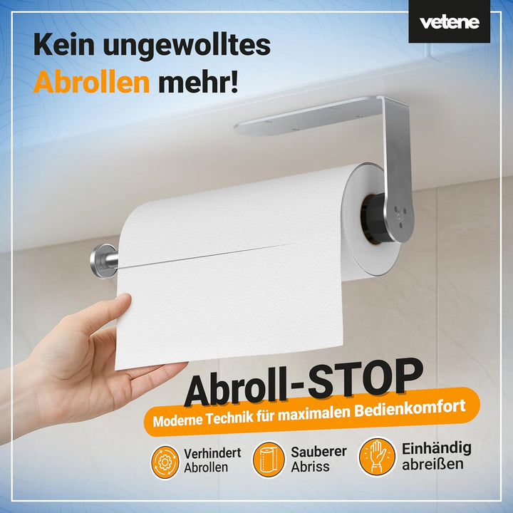 vetene® Premium Küchenrollenhalter ohne Bohren [Zum Einhändig Abreissen] – Edelstahl Silber – mit Ab