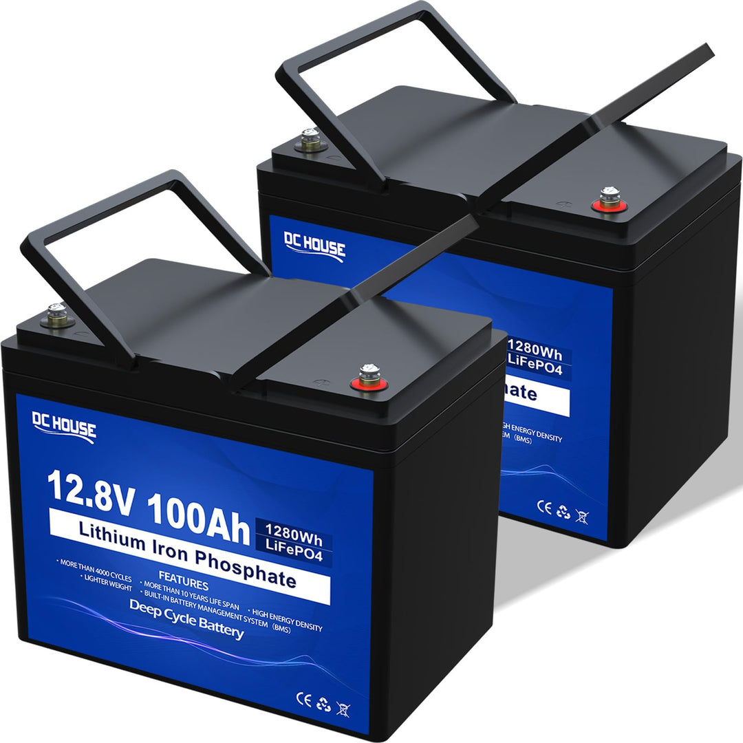 DCHOUSE 2 Pack 12V 100Ah Bluetooth LiFePO4 Batterie, verbessertes 100A BMS, Bis zu 15000 Zyklen Deep