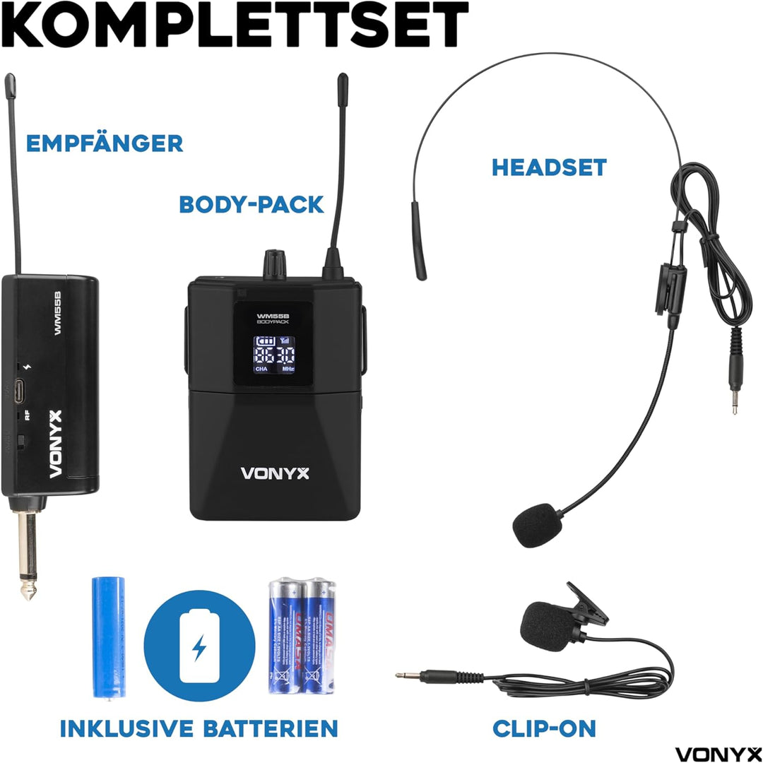 Vonyx WM55B Funkmikrofon Set, Headset Mikrofon und Lavalier Mikrofon Kabellos mit Plug-in-Empfänger,