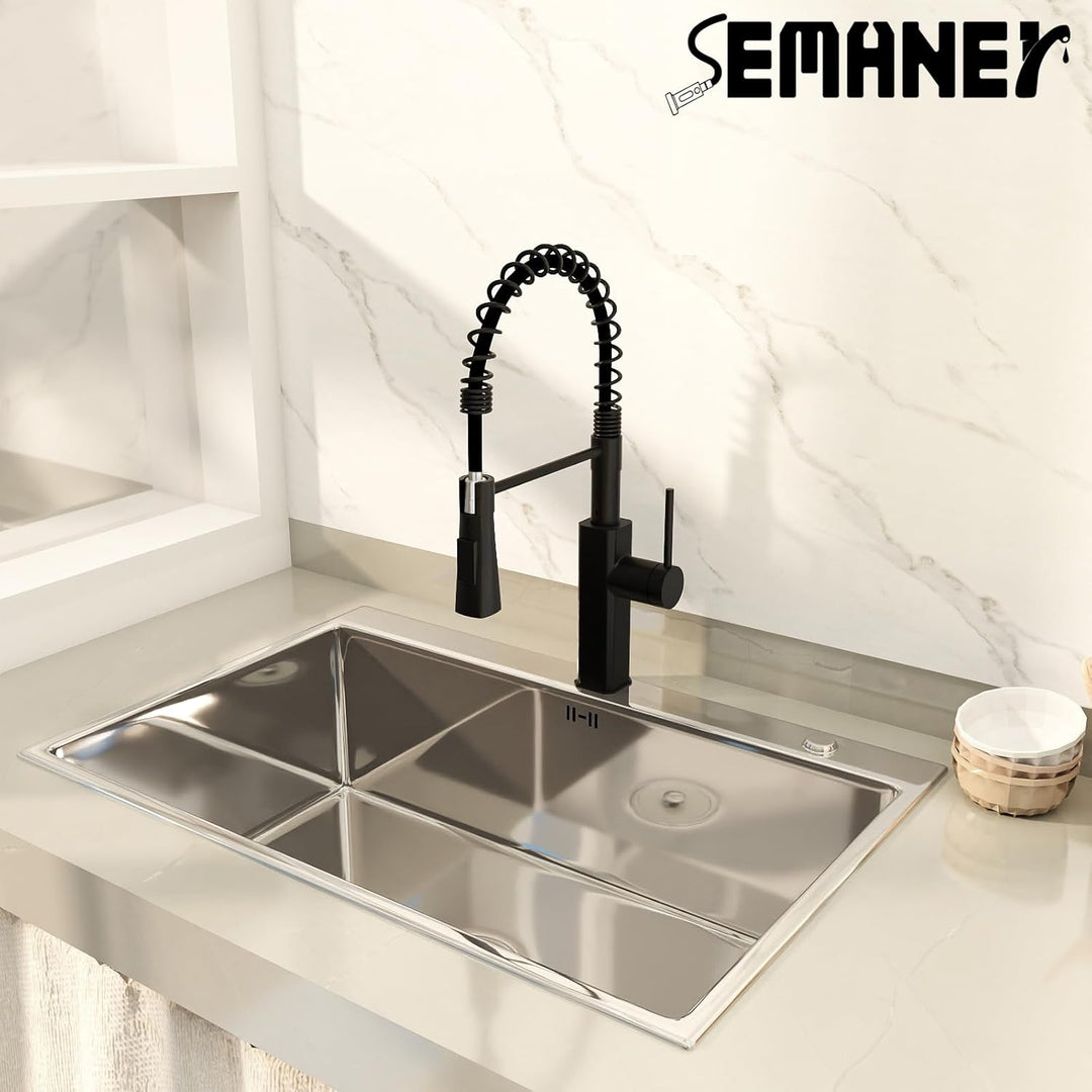 Wasserhahn Küche Schwarz, SEMANEY Hochdruck Küchenarmatur Ausziehbar, Armatur Küche mit Brause 2 Str