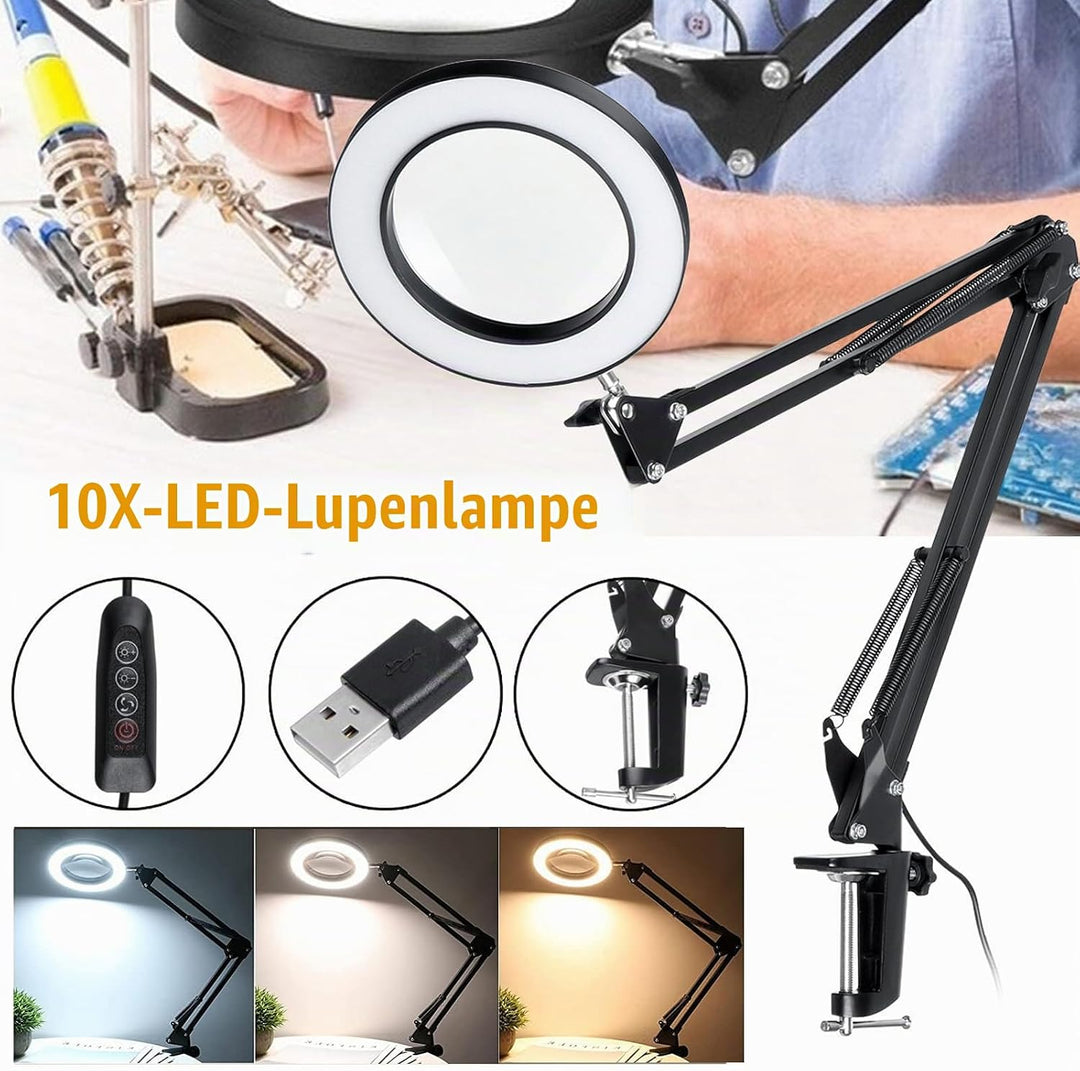 10X Lupe mit Licht und Ständer, Lupenleuchte mit 72 LEDs, 3 Farbmodi Dimmbare&amp;10 Helligkeitsstufen,