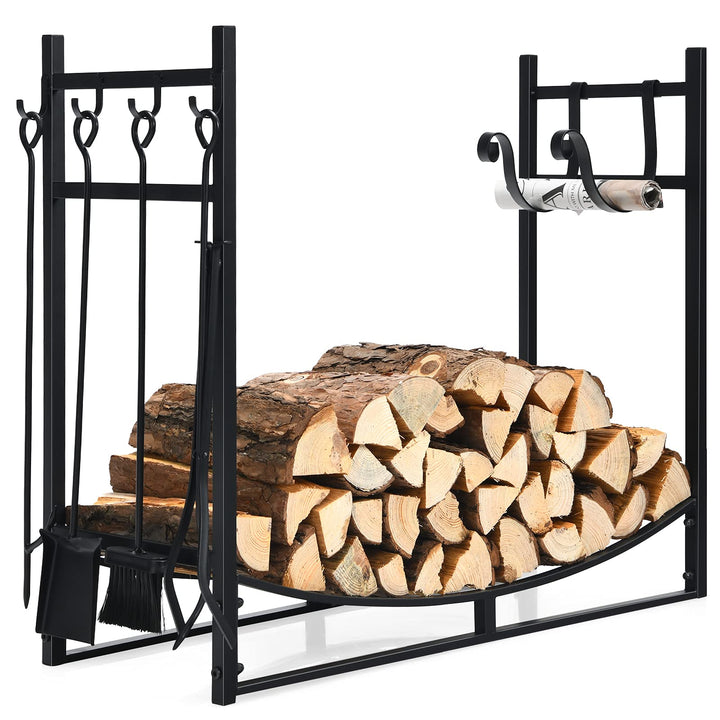 COSTWAY Kaminholzregal mit 4 tlg. Kaminbesteck Set, Brennholzregal Metall Kaminholzständer Kaminzube