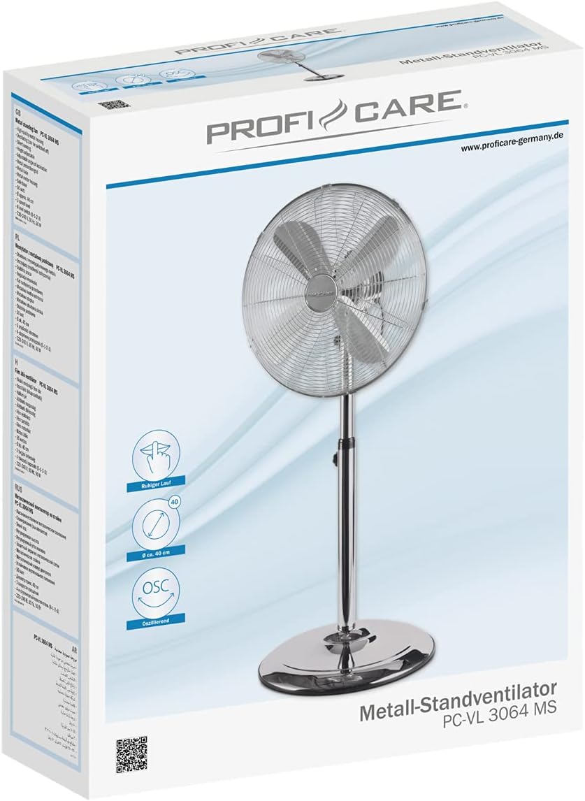 ProfiCare Standventilator leise PC-VL 3064 MS oszillierender Fan, Metall-Stand-Ventilator Ø ca. 40cm