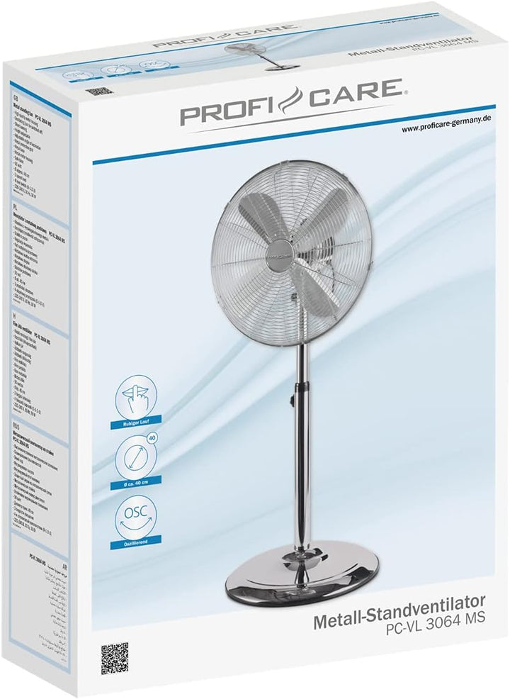 ProfiCare Standventilator leise PC-VL 3064 MS oszillierender Fan, Metall-Stand-Ventilator Ø ca. 40cm