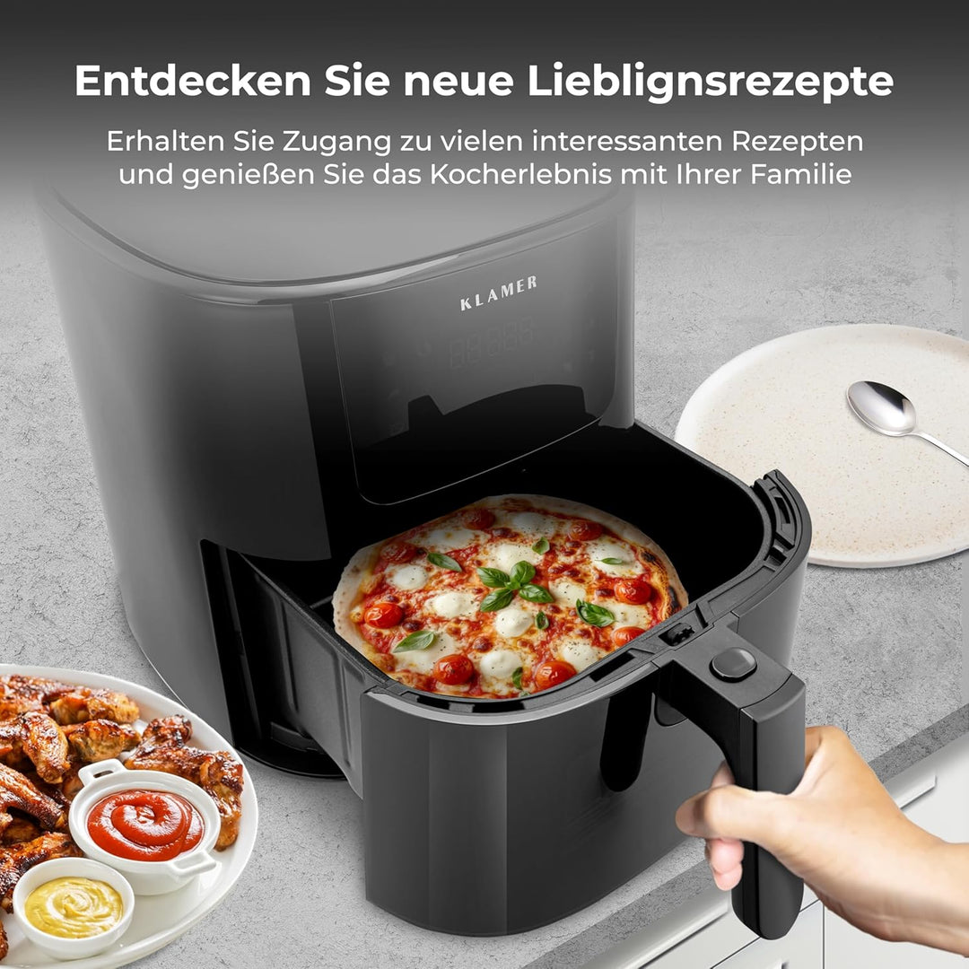 KLAMER Heissluftfritteuse 5l XL, Heissluftfritteuse mit Sichtfenster & Schüttel-Erinnerung, Ölfreier