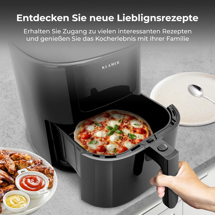 KLAMER Heissluftfritteuse 5l XL, Heissluftfritteuse mit Sichtfenster & Schüttel-Erinnerung, Ölfreier