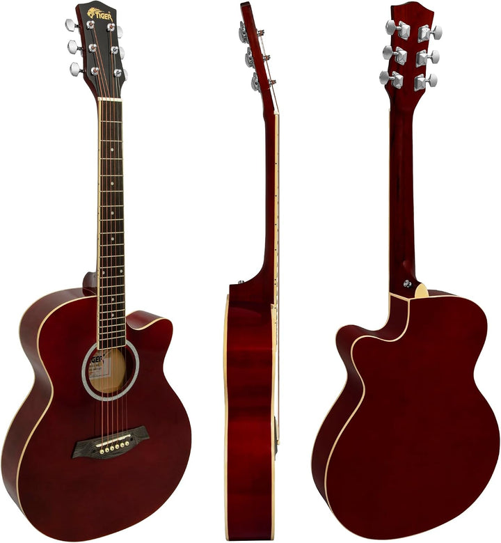 TIGER ACG1-RD Small Body Akustikgitarre, mit Stahlsaiten bespannte Akustikgitarre für Anfänger, Rot