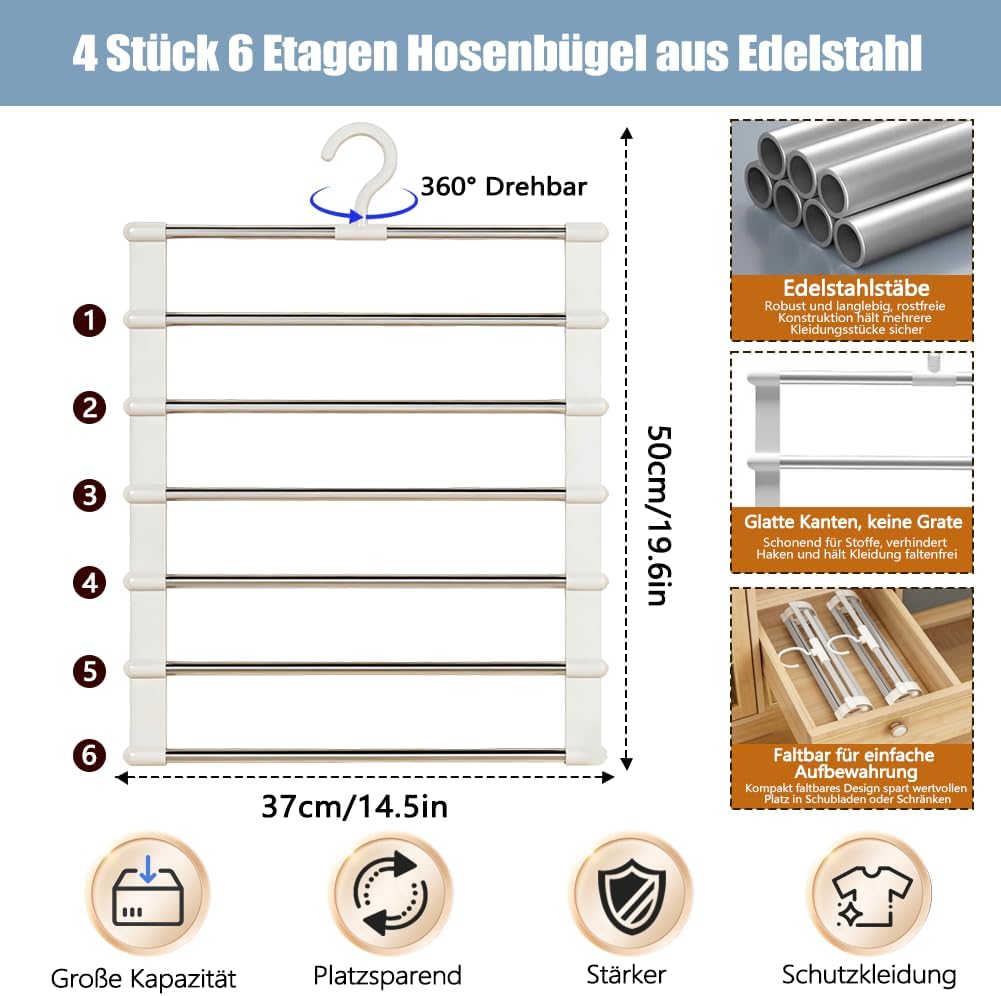 4 Stück Hosenbügel Platzsparend mit 2 Kleidersäcken 60x120cm, 6 Etagen Edelstahl Bügel, Klappbar Rob