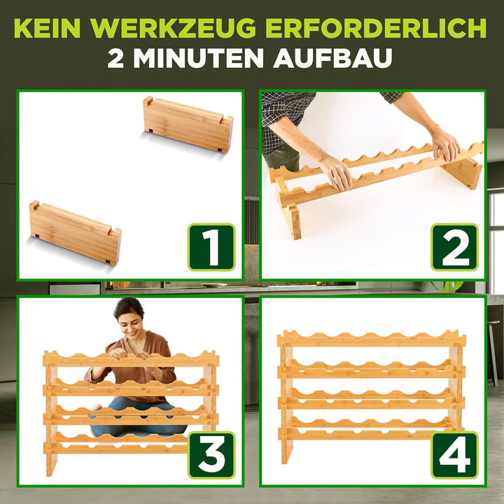 NutriChef Regal Schmal Weinregal aus Bambus Holz – 24 Flaschen, 4 Etagen – Stapelbares Flaschenregal