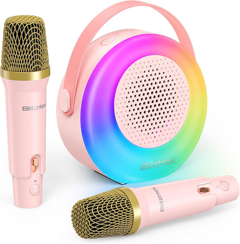 BlitzMax Karaoke Maschine für Kinder Erwachsene Bluetooth Mini Karaoke Lautsprecher mit 2 Mikrofonen