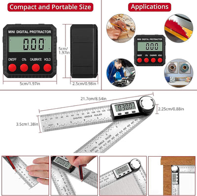 XUNTOP Digital Winkellineal 200mm Edelstahl + Digitaler LCD Level Box mit Magnetfuss 2 Messmodi Inne