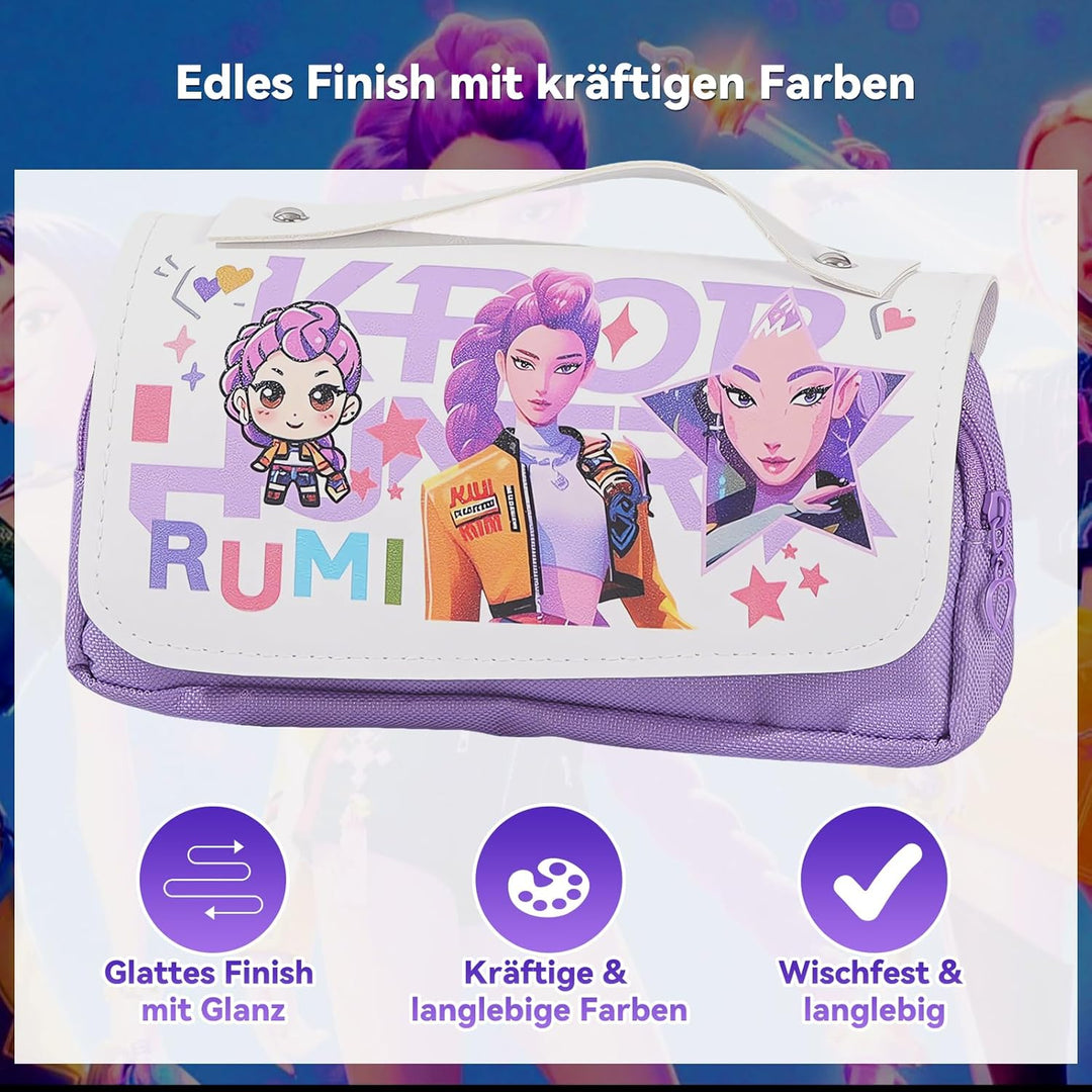 Federmäppchen für Mädchen im Korea-Pop Stil, Federtasche mit Klettverschluss-Klappe & 3 Fächern, Gro