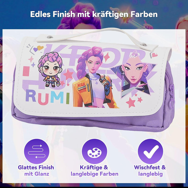 Federmäppchen für Mädchen im Korea-Pop Stil, Federtasche mit Klettverschluss-Klappe & 3 Fächern, Gro